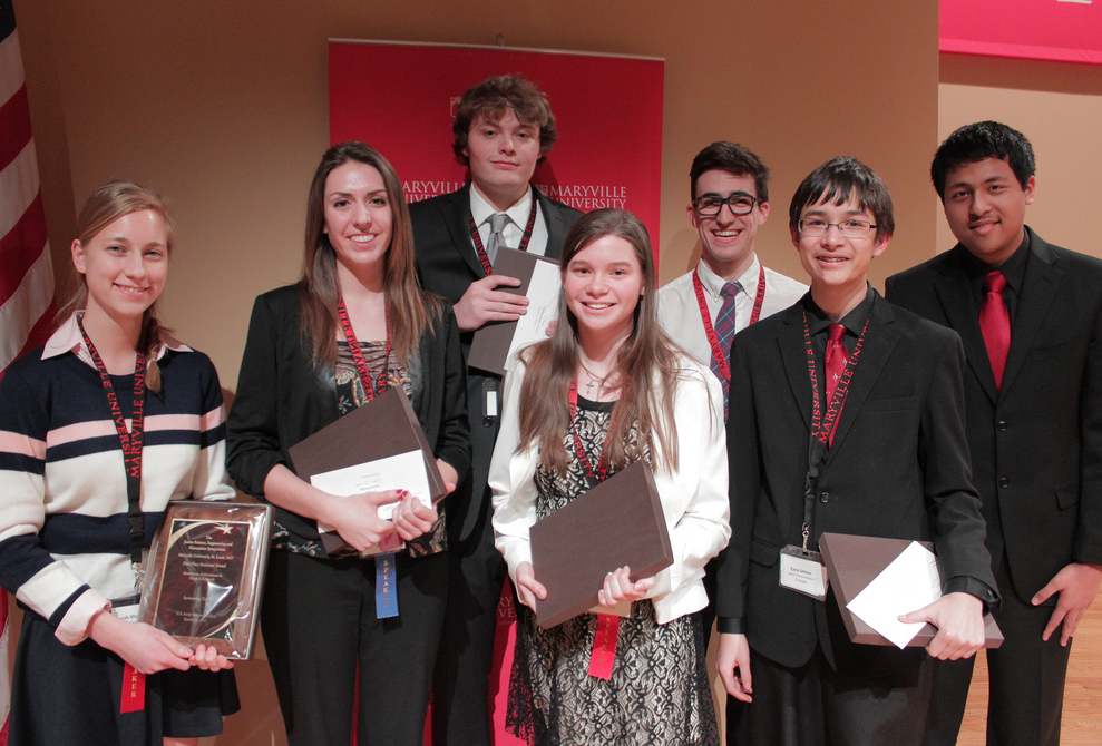 All First Place Winners L-R: Sarah Maciorowski (Cor Jesu Academy), Sydney Zuraski (Camdenton), Daniel Hall (Camdenton), Katie Hufker (Lindbergh), John O’Keefe (Maplewood Richmond Heights), Ezra Umen and Yang Liu (Ladue Horton Watkins)