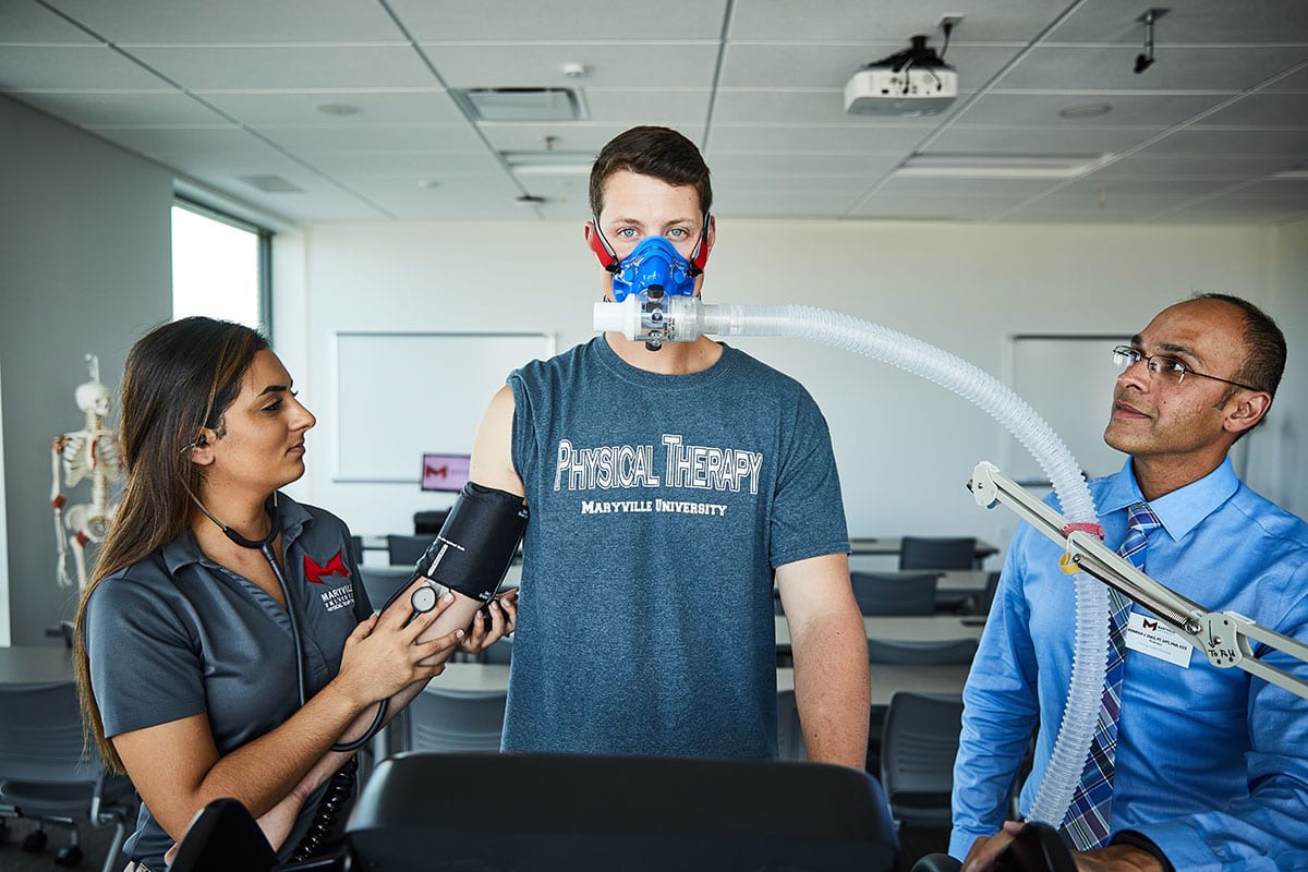 Physical therapy student learning in lab