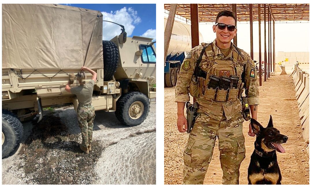On the left, Lydia secures a vehicle tarp during field training. On the right, Will Solomon and MWD Cora in Niger, Africa in 2021.