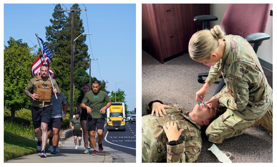 On the left, Josh Pelzl taking his clients through the first lap of the "Murph" workout. This workout is done every memorial day in honor of our fallen soldiers. The workout consists of a 1-mile run, 100 pull-ups, 200 push-ups, and 300 squats, followed by another 1 mile run. On the right, Senior Airman Lydia Smith practicing combat medicine and establishing a nasopharyngeal airway.