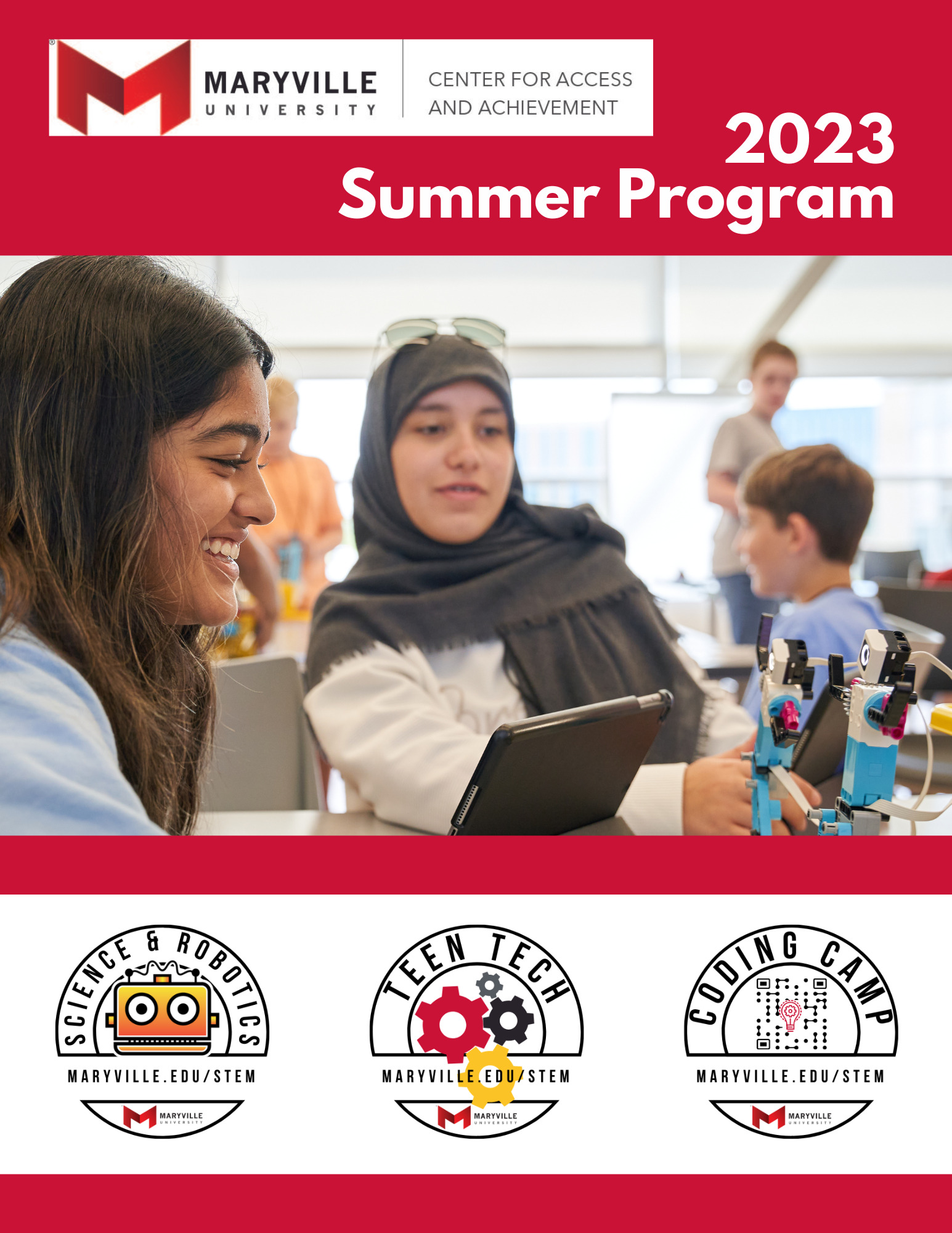 cover of 2023 summer program catalog with students on ipads