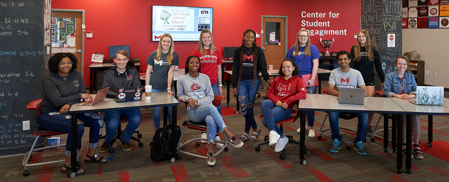 Diverse group of students working together at the Center for Student Engagement.