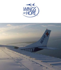 Wings of Hope logo above a plane in the sky