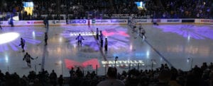 Maryville logo on the ice at Enterprise Center as part of sponsorship with St. Louis Blues