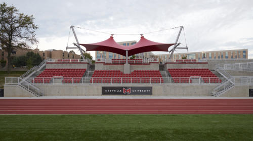 Maryville University's updated stadium at sunrise 