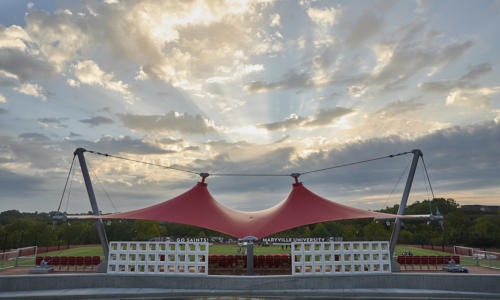 Maryville University's updated stadium at sunrise 