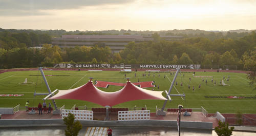 Maryville University's updated stadium at sunrise 