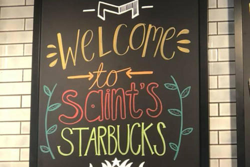 Starbucks sign welcoming university students